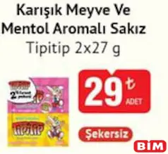 TİPİTİP KARIŞIK MEYVE VE MENTOL AROMALI SAKIZ 2X27 G fiyat ve kampanya bilgisi
